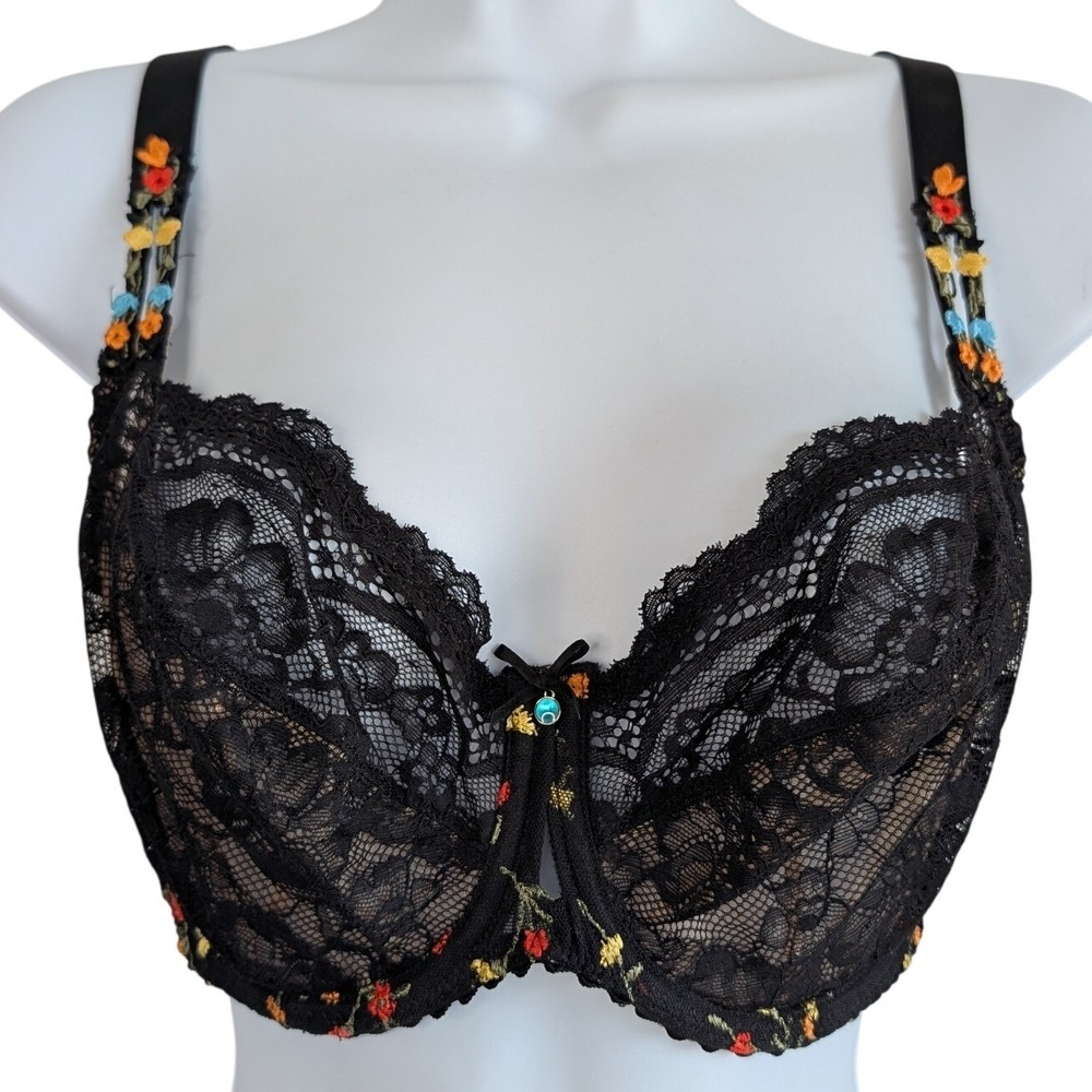 Prima Donna 32F Black Lace Colorful Floral Embroidered Bra